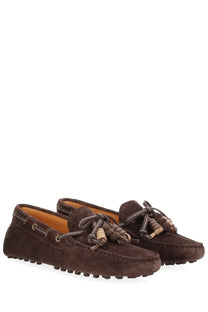 Tod’s women’s mocassino suede brown loafers with braided leather laces and wooden bead accents