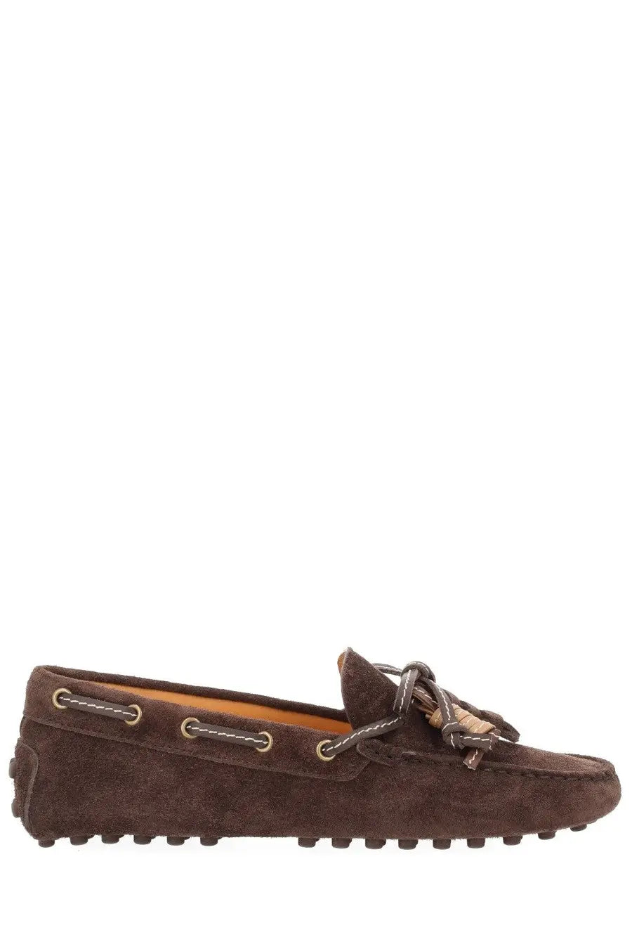 Tod’s women’s mocassino driving moccasin in brown suede with tassel and gold-tone eyelets