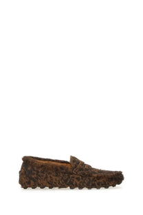 Tod’s women’s moccasin gommino macro black brown leopard print suede loafer with textured fuzzy finish and classic design