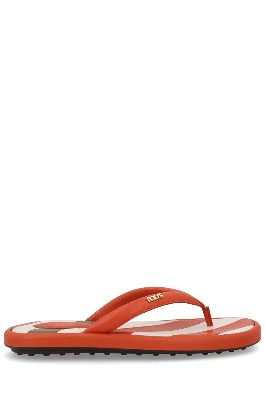 Tod’s women’s orange leather sandalo infradito flip-flop with red and white striped sole side view