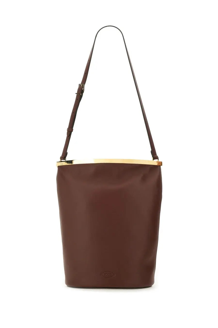 Tod’s women’s small brown leather bucket bag with gold-tone metal rim and adjustable shoulder strap