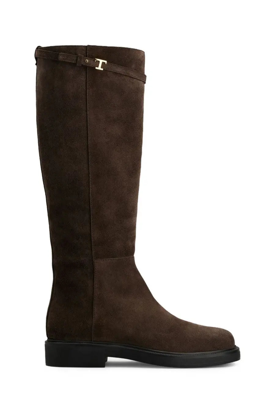 Tod’s women’s stivale alta brown knee-high suede boot with black rubber sole and gold-tone t-shaped buckle at the top