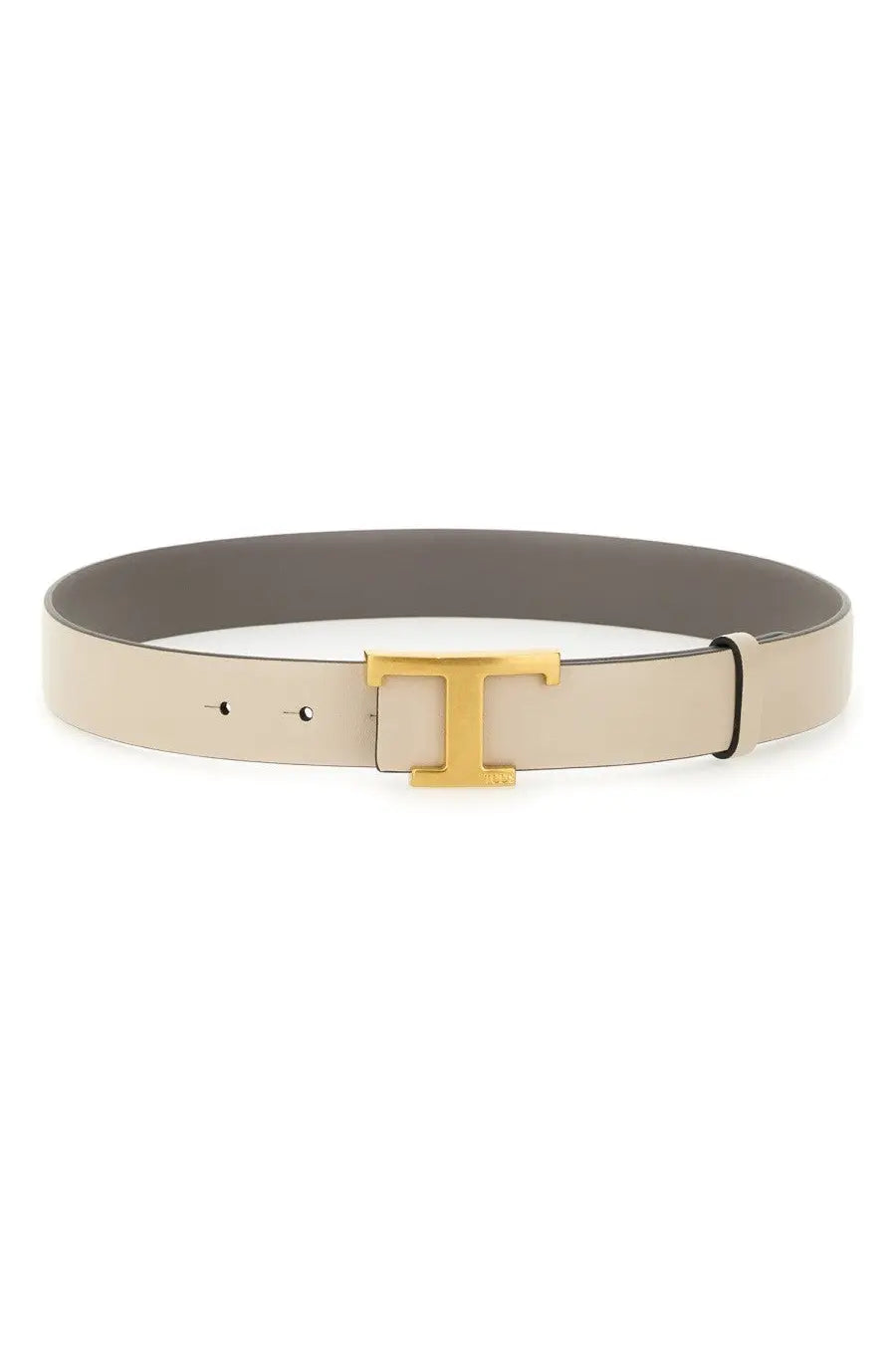 Beige leather Tods womens timeless reversible belt with gold tone h shaped buckle and grey detailing