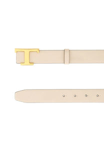 Beige leather Tod’s women’s timeless reversible belt with gold-tone t buckle and grey detailing visible
