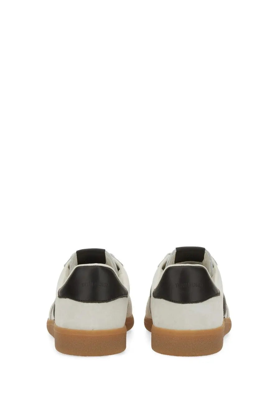 Tom Ford men’s archer sneaker white in white and black suede with gum rubber sole front view