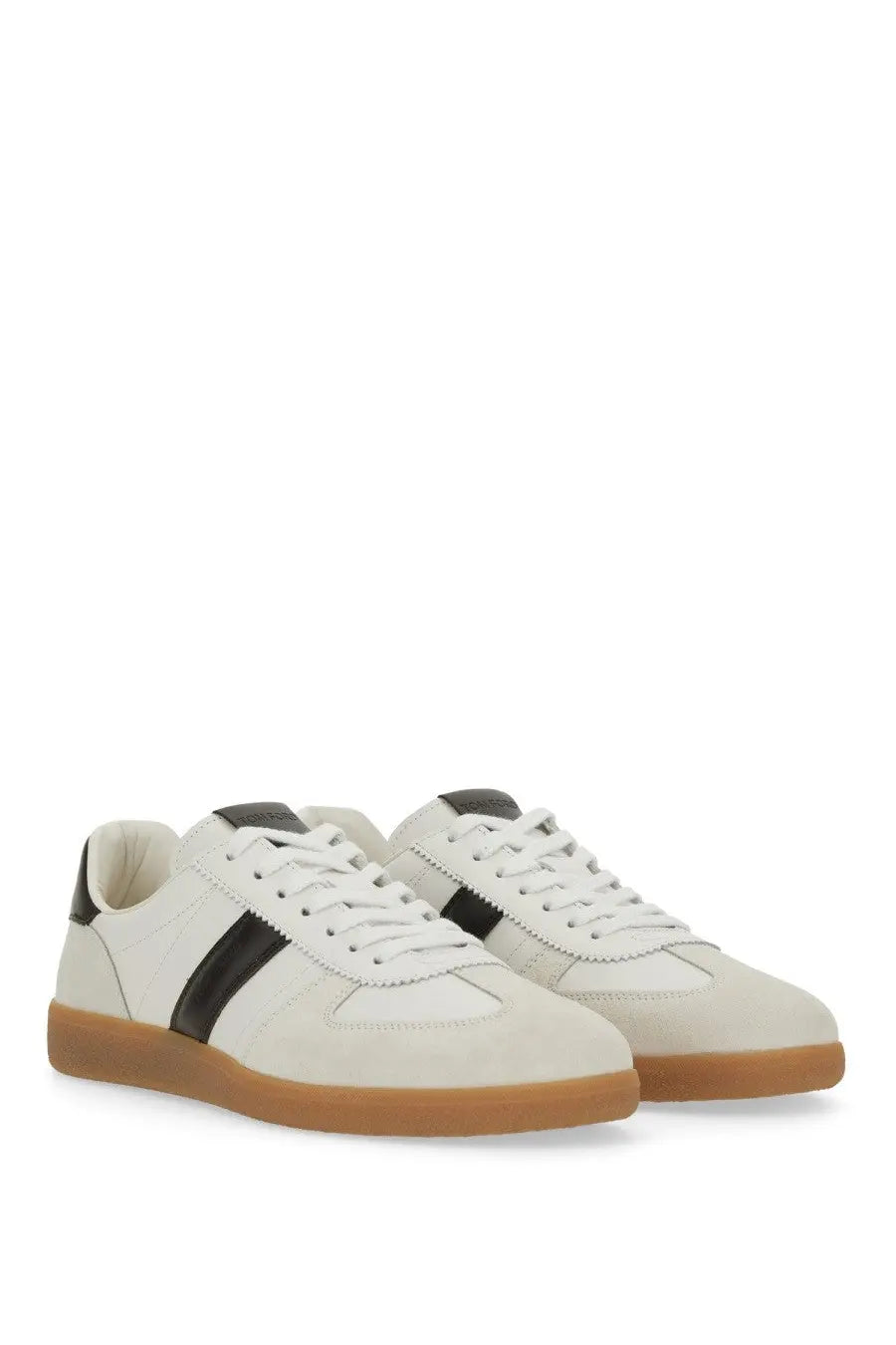 Tom ford men’s archer sneaker in cream-colored suede with black stripes and gum rubber soles