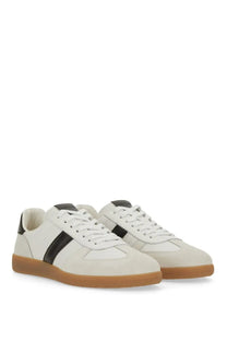 Tom ford men’s archer sneaker in cream-colored suede with black stripes and gum rubber soles