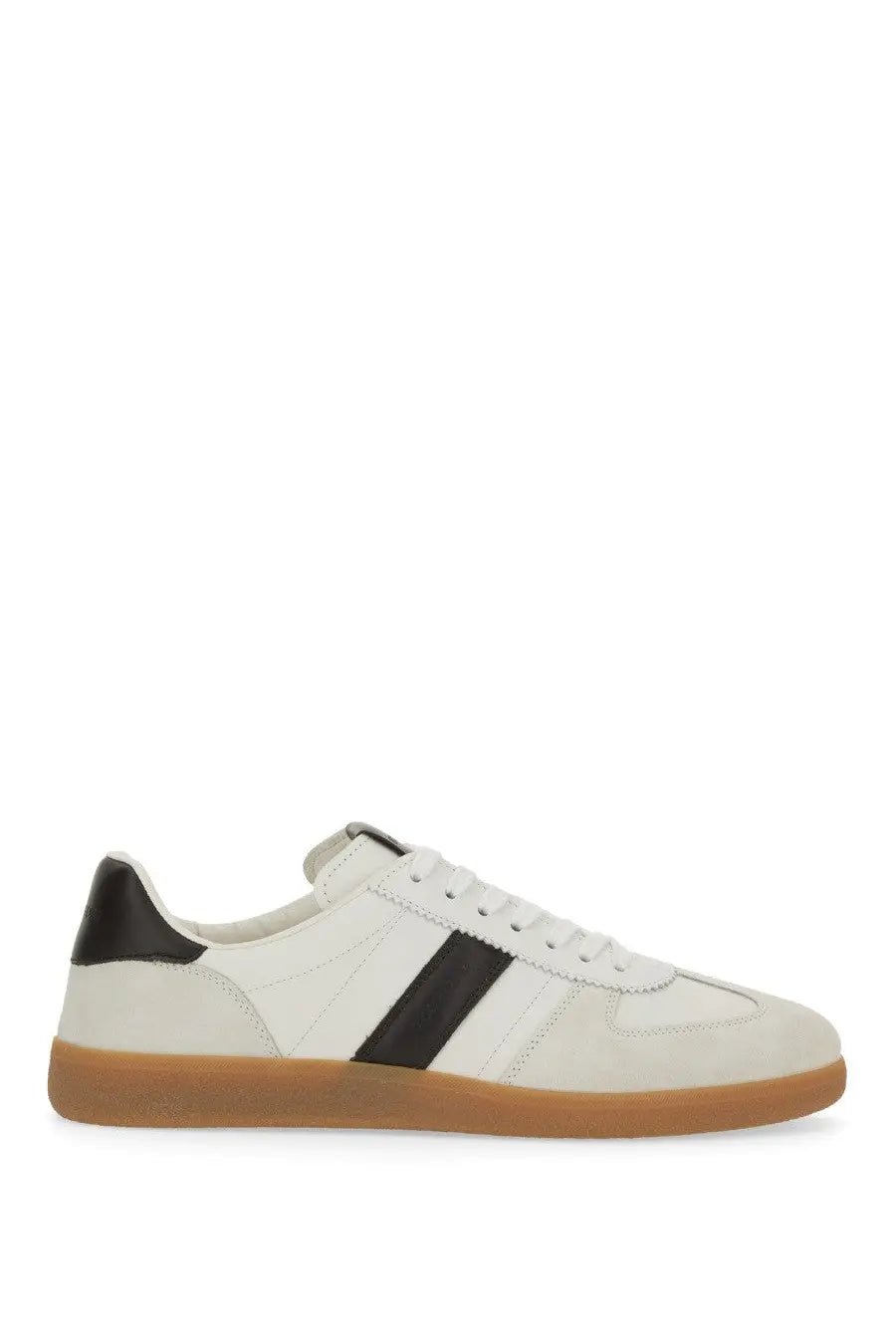 Tom Ford men’s archer sneaker white leather with black stripes and tan rubber sole