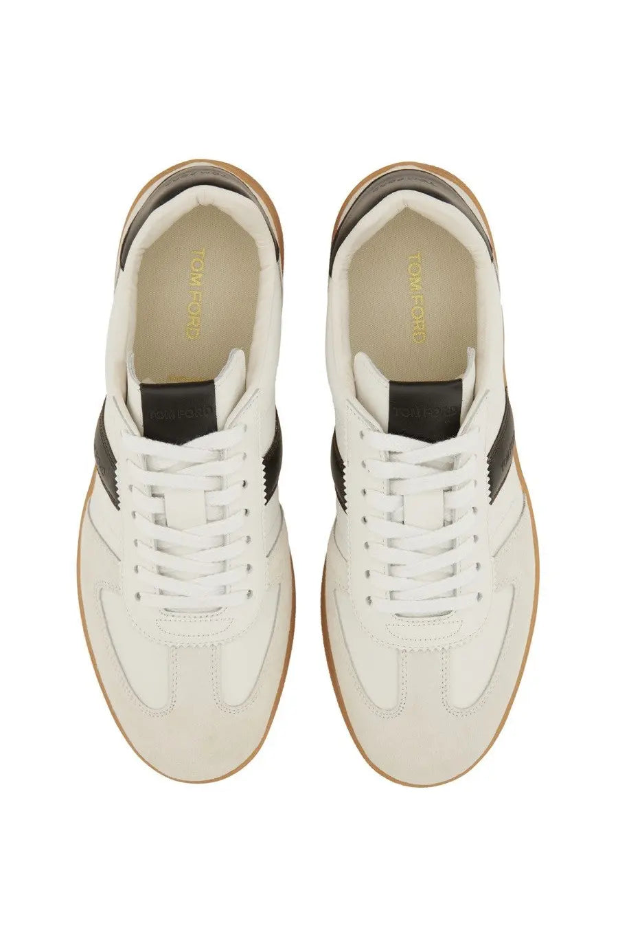 Tom Ford men’s archer sneaker white with black side stripes and tan rubber soles in leather material