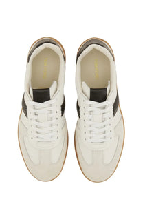 Tom Ford men’s archer sneaker white with black side stripes and tan rubber soles in leather material