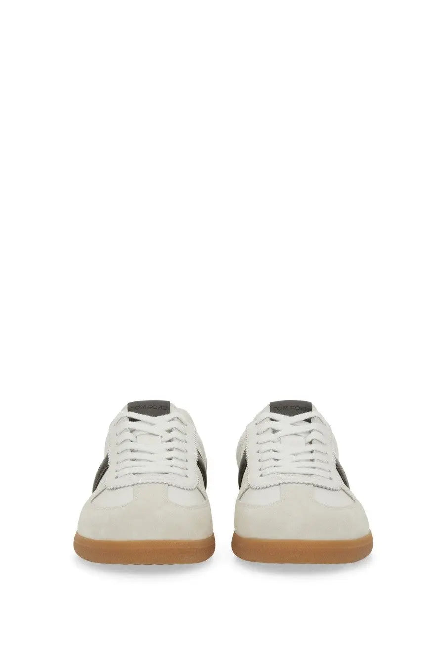 Tom Ford men’s archer sneaker white featuring white suede, black side panels, and tan rubber soles