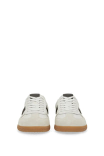 Tom Ford men’s archer sneaker white featuring white suede, black side panels, and tan rubber soles