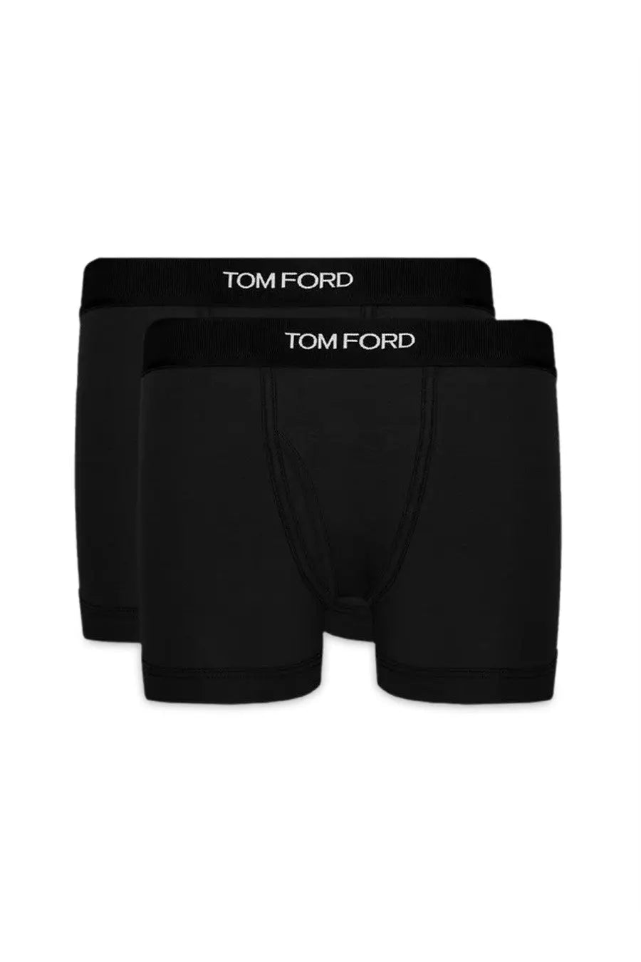 Tom Ford men’s black boxer briefs with sleek minimalist design and white embroidered brand name on waistband