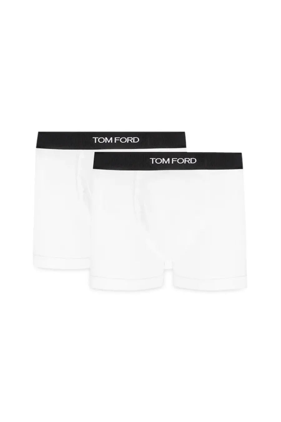 Tom Ford mens bi pack boxer white briefs with black waistbands and white logo lettering front view