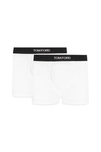 Tom Ford mens bi pack boxer white briefs with black waistbands and white logo lettering front view