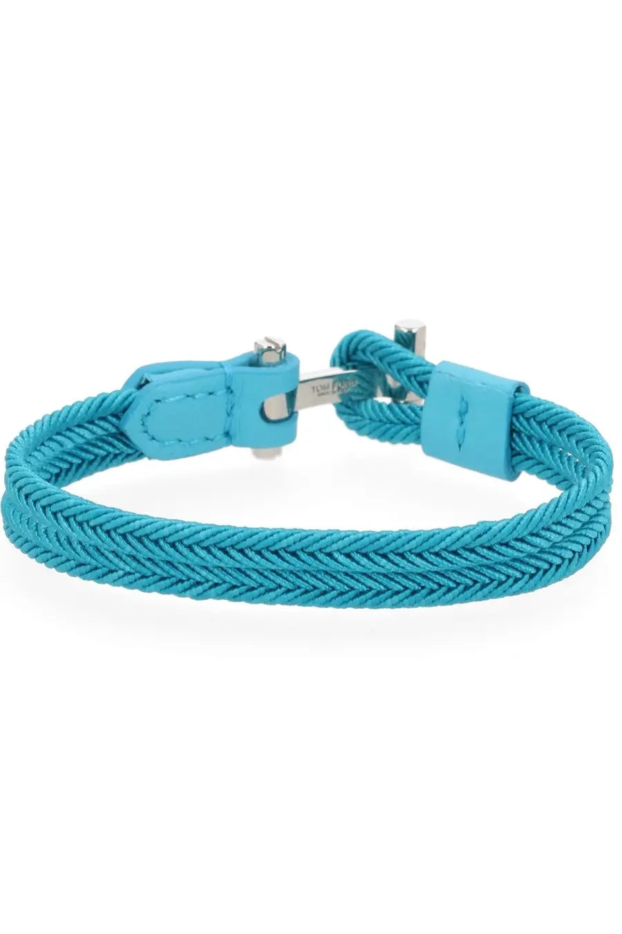 Turquoise braided leather Tom Ford men’s bracelet with silver-toned clasp and branded metal tag