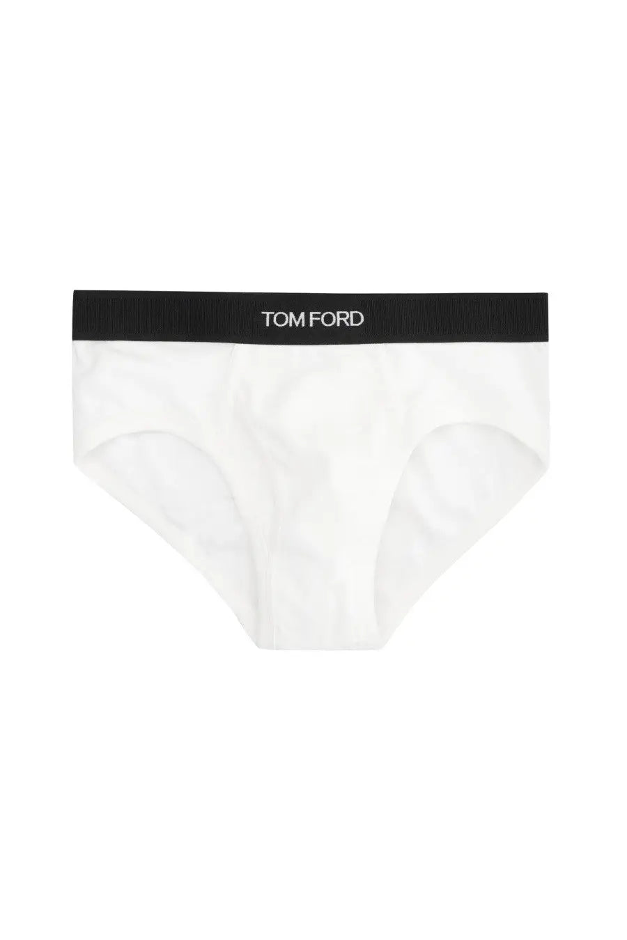 Tom Ford men’s white briefs with black waistband featuring the logo in white lettering for stylish comfort