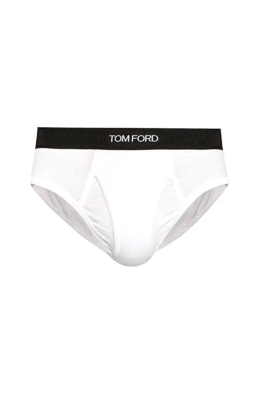 Tom Ford men’s briefs white featuring white fabric with a black waistband and Tom Ford logo in white lettering
