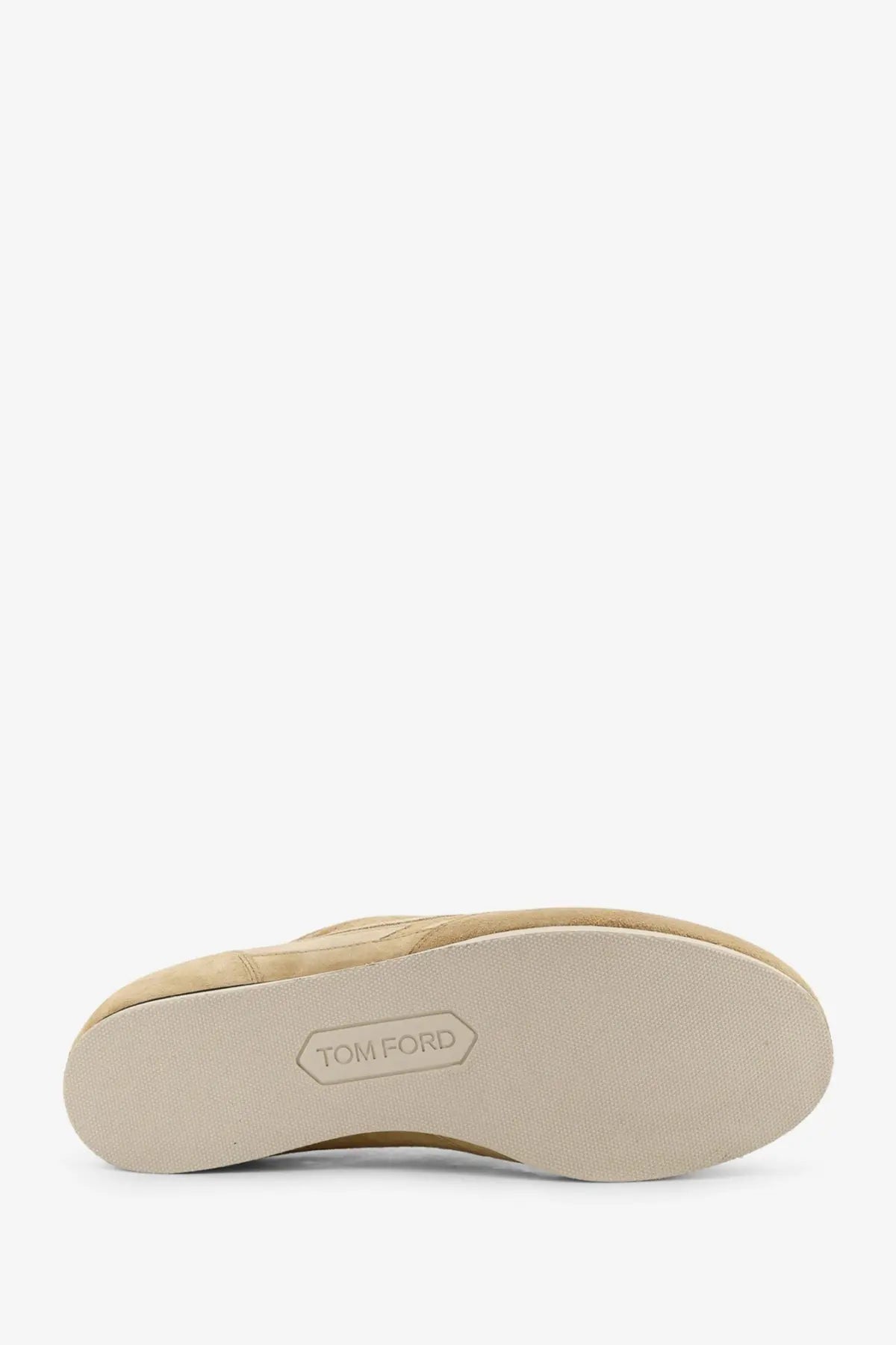 Beige suede tom ford men’s brook sneakers with minimalist design and embossed brand logo on the sole