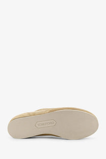 Beige suede tom ford men’s brook sneakers with minimalist design and embossed brand logo on the sole