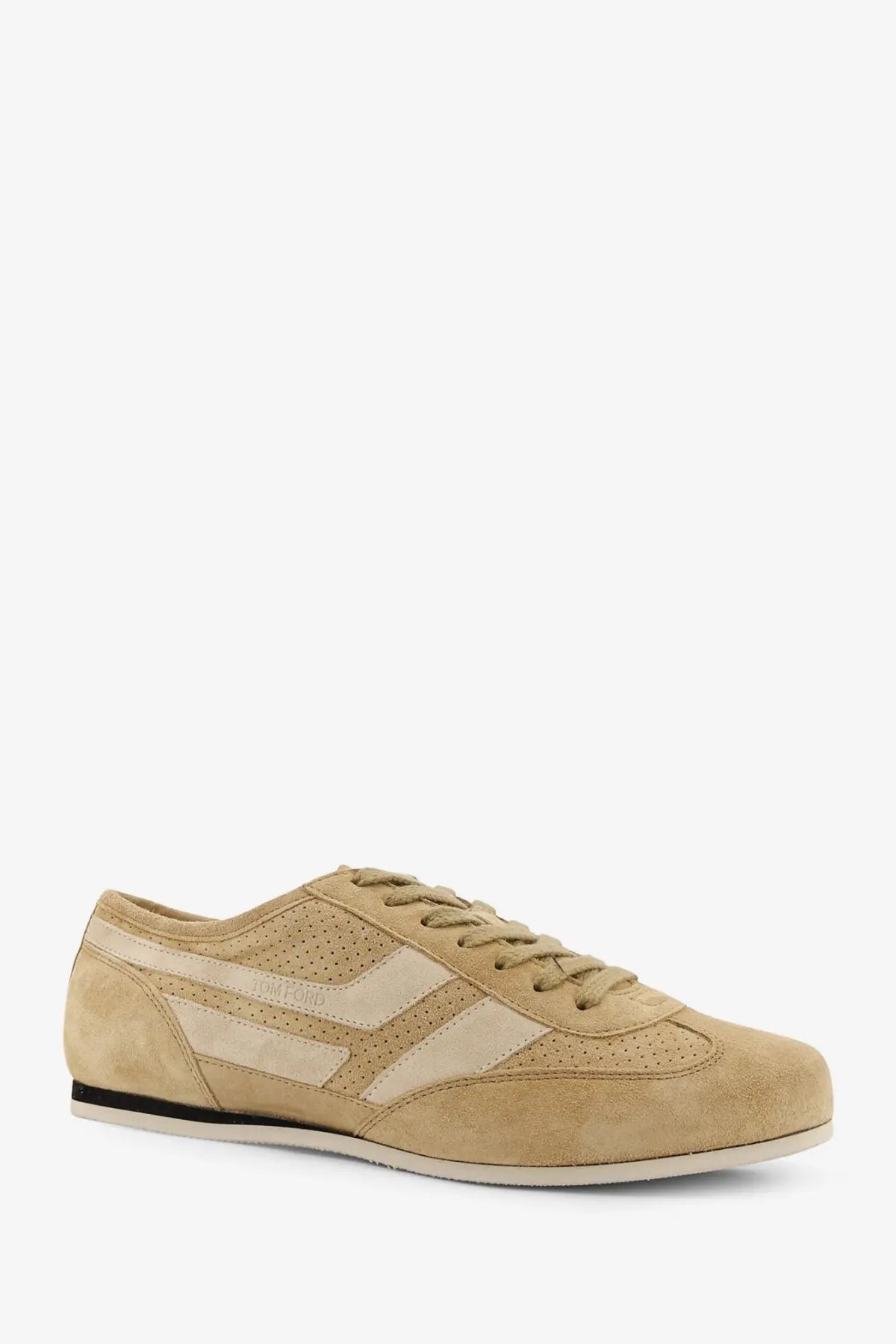 Tom Ford men’s Brook suede sneaker in beige with cream perforated stripes and black rubber sole