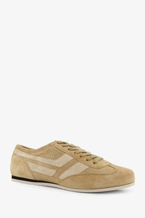 Tom Ford men’s Brook suede sneaker in beige with cream perforated stripes and black rubber sole