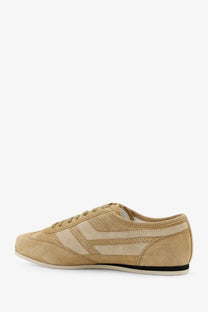 Tom Ford men’s Brook suede sneakers in tan with beige perforated panels and black stripe along the sole