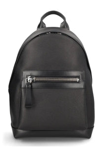 Tom Ford men’s Buckley leather backpack black with textured leather, front zippered pocket, and matching top handle