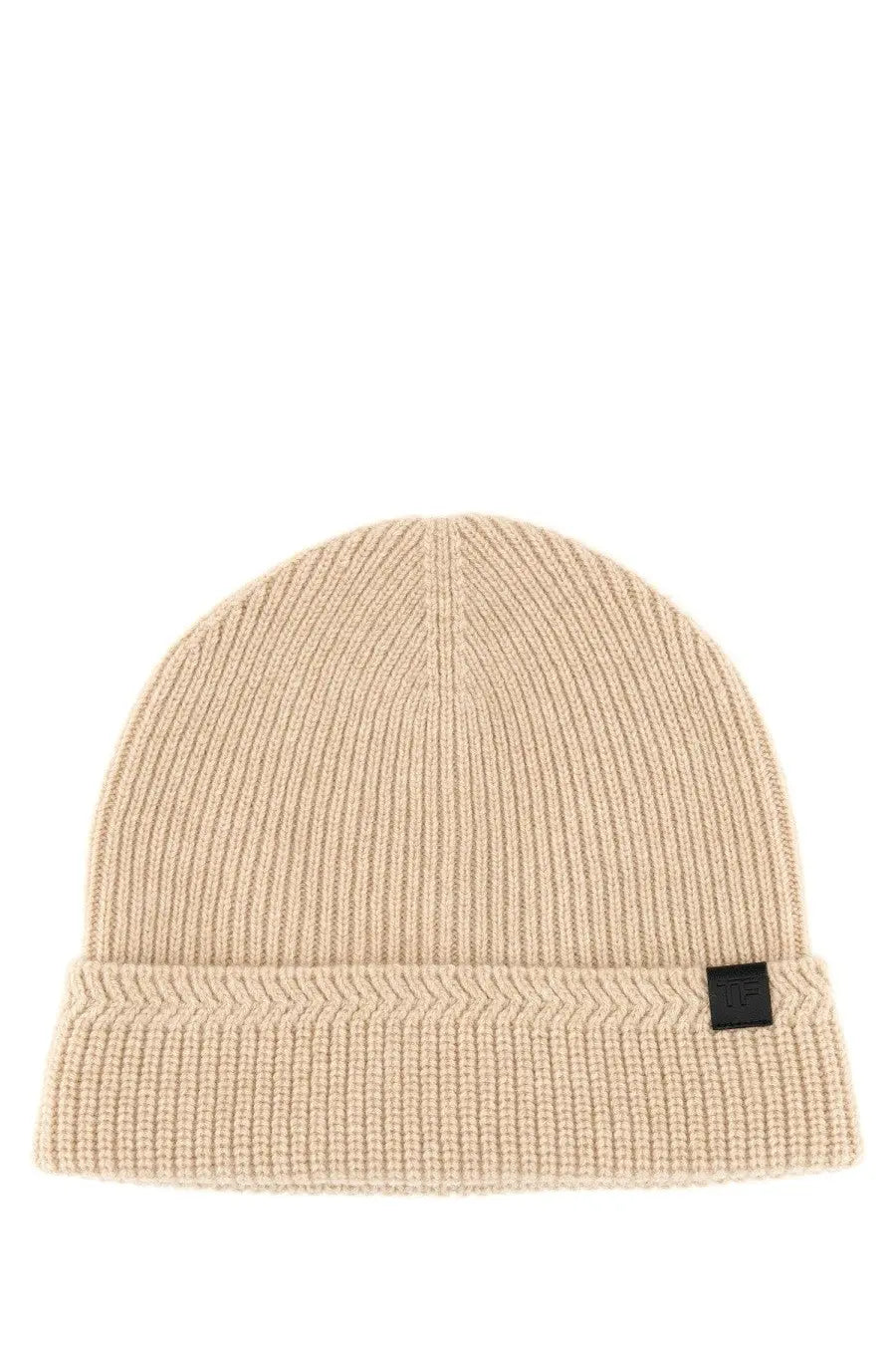 Beige ribbed cashmere beanie hat for men by tom ford with folded cuff and black logo tag