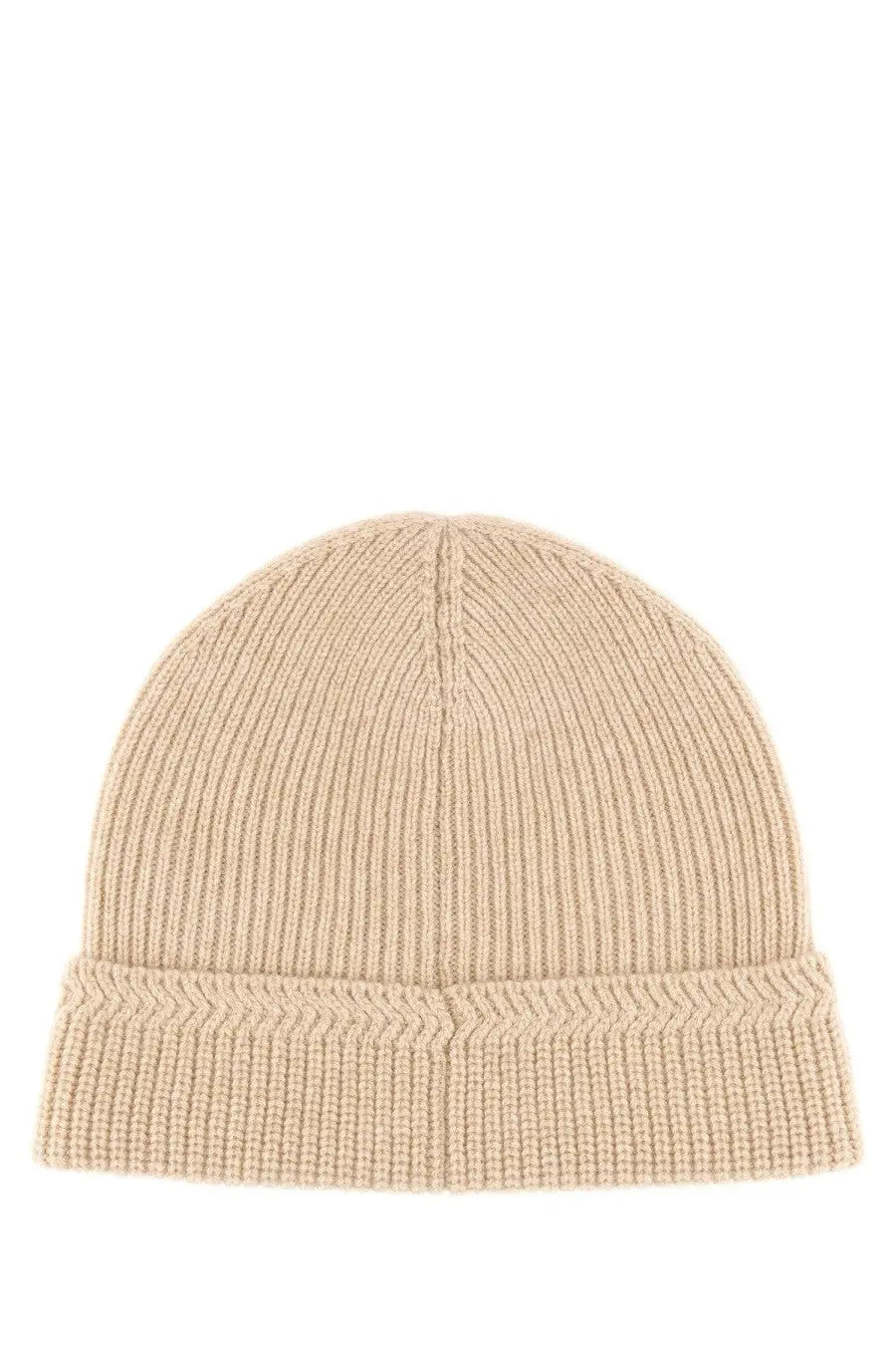 Tom Ford men’s beige cashmere beanie hat with ribbed knit texture and a folded cuff for warmth and style