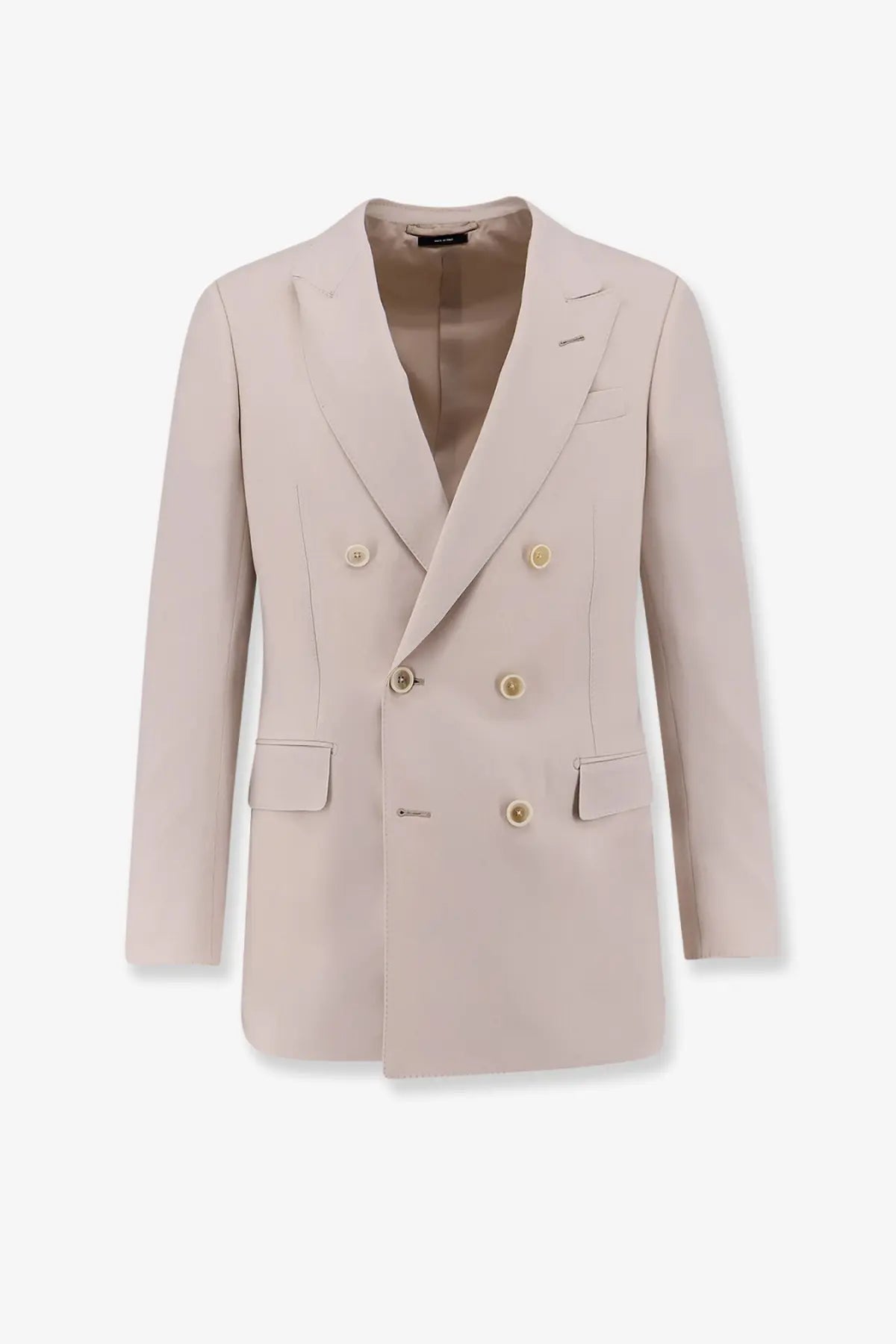Tom Ford men’s pale pink double-breasted suit jacket with gold-tone buttons in cashmere and silk tailored fit