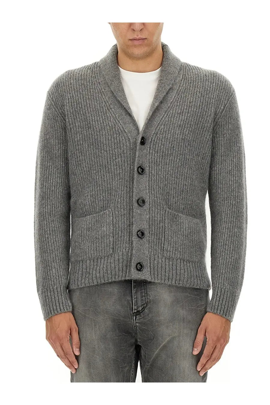 Tom Ford men’s grey cashmere and silk cardigan with ribbed knit shawl collar black buttons and front pockets