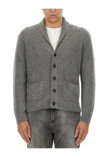 Tom Ford men’s grey cashmere and silk cardigan with ribbed knit shawl collar black buttons and front pockets