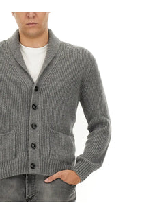Gray ribbed knit shawl collar cardigan with black buttons made of cashmere and silk by Tom Ford for men