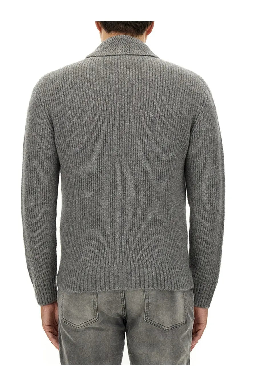 Tom ford men’s grey ribbed knit cardigan made of cashmere and silk with a collar for stylish comfort