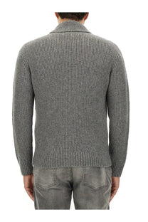 Tom ford men’s grey ribbed knit cardigan made of cashmere and silk with a collar for stylish comfort