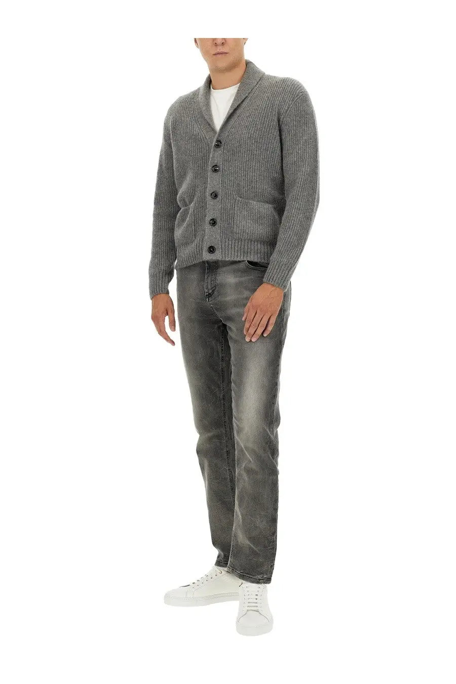 Tom Ford men’s gray ribbed knit cashmere and silk cardigan with black buttons and front pockets