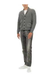 Tom Ford men’s gray ribbed knit cashmere and silk cardigan with black buttons and front pockets