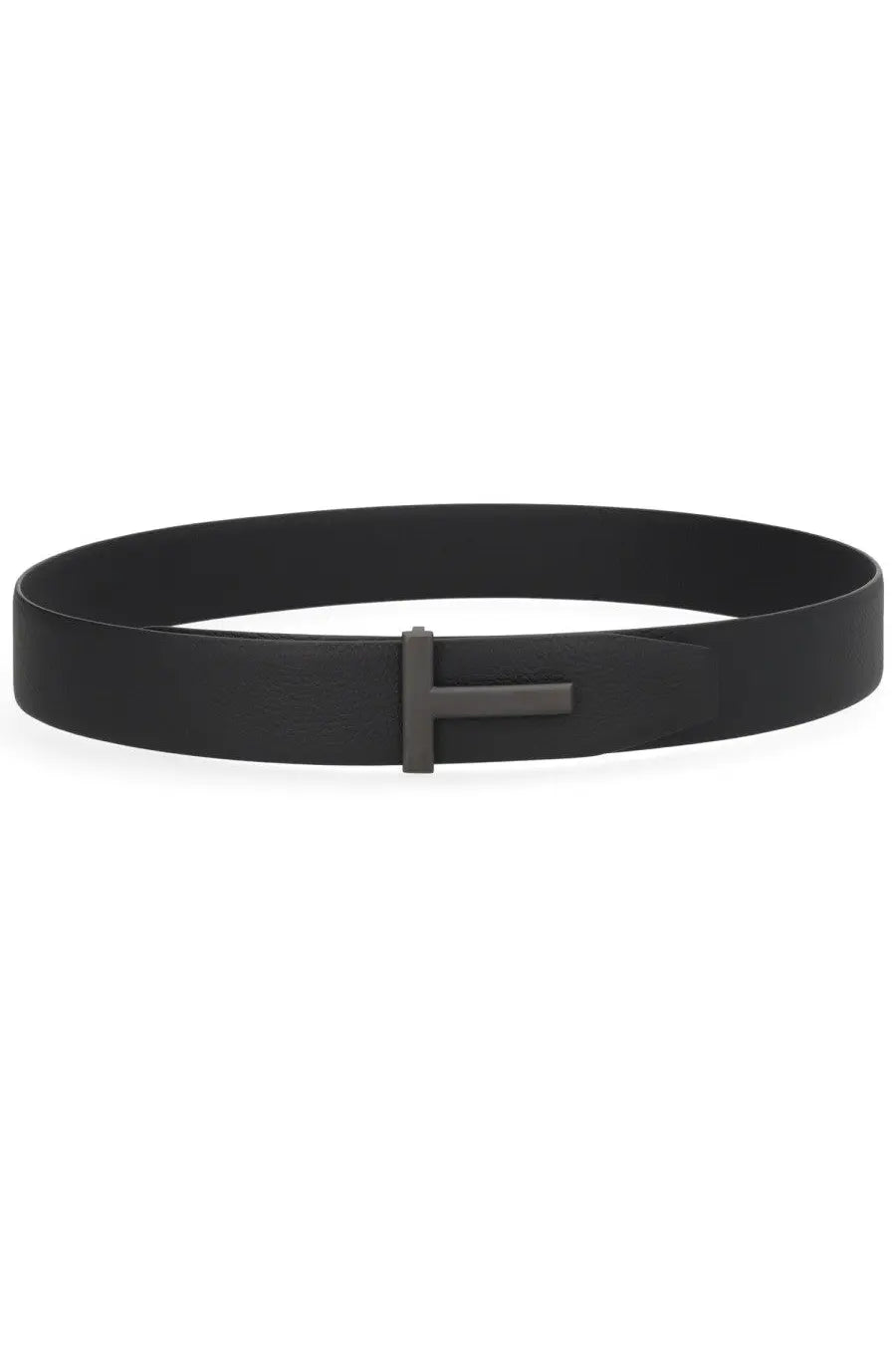 Tom Ford men’s black leather belt with a matte finished minimalist t shaped buckle for elegant wear
