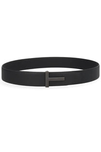 Tom Ford men’s black leather belt with a matte finished minimalist t shaped buckle for elegant wear