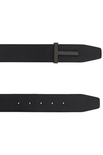 Tom Ford men’s black leather belt with matte black t shaped buckle for a sleek and modern look