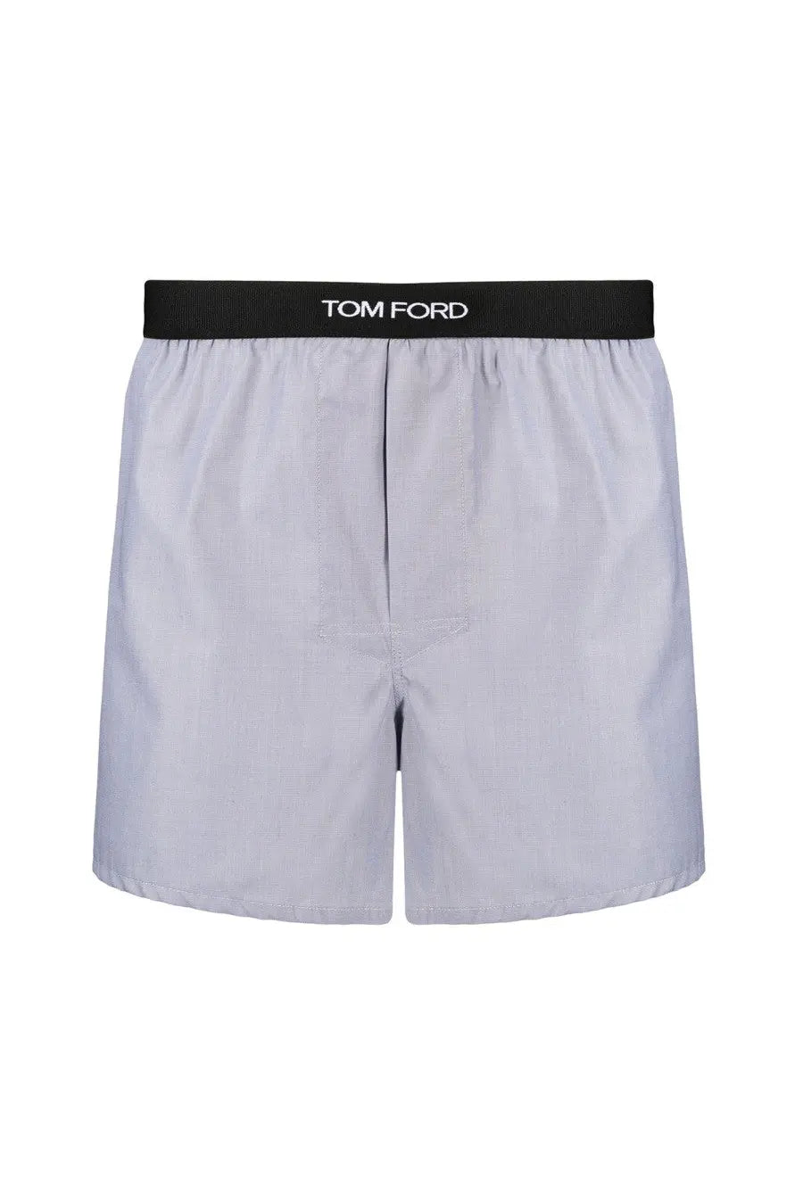Tom Ford men’s cotton boxer shorts in light gray with a black elastic waistband featuring the logo in white