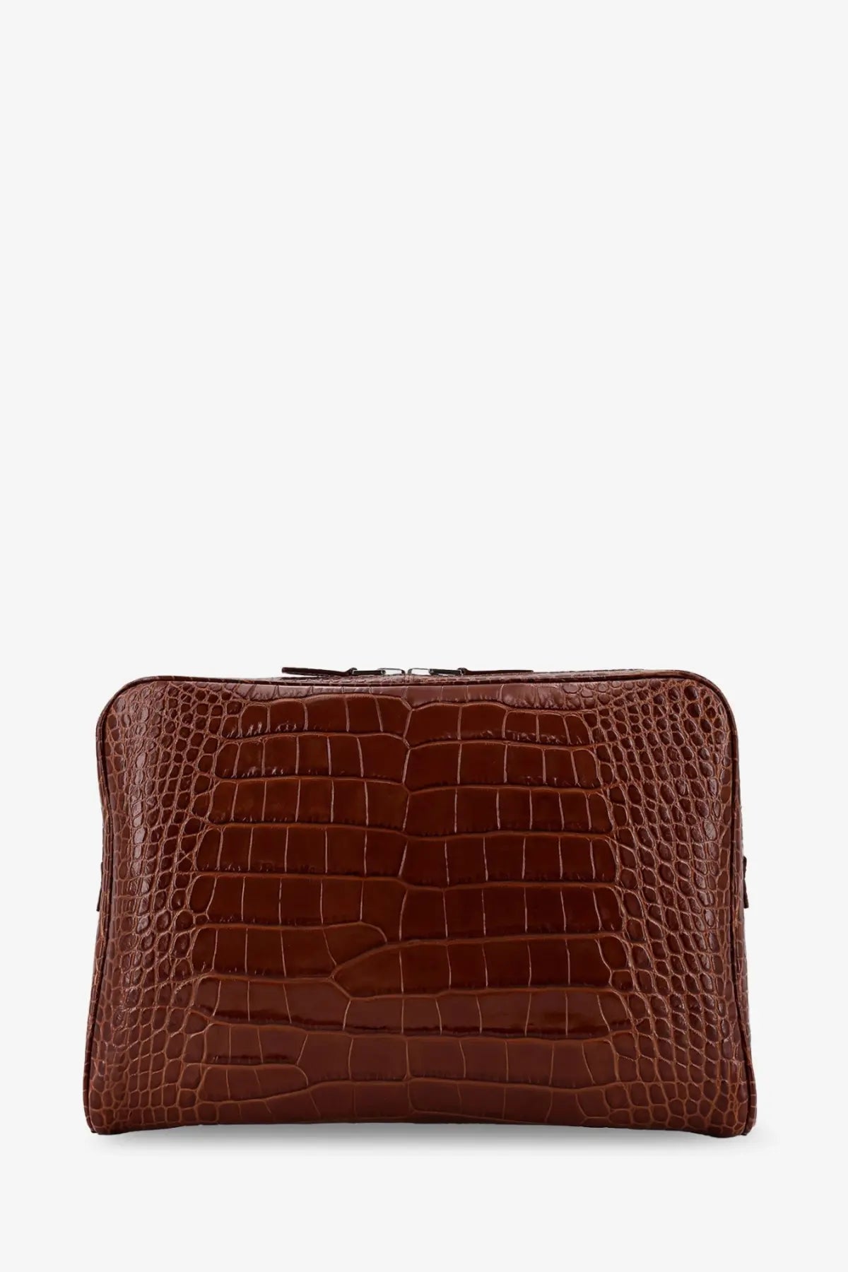 Tom Ford men’s beige croco print leather laptop pouch with brown crocodile-embossed clutch design and metallic zipper closure