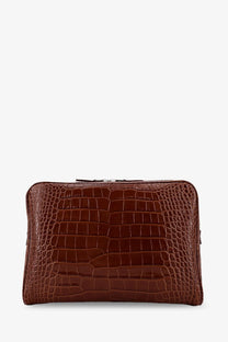 Tom Ford men’s beige croco print leather laptop pouch with brown crocodile-embossed clutch design and metallic zipper closure