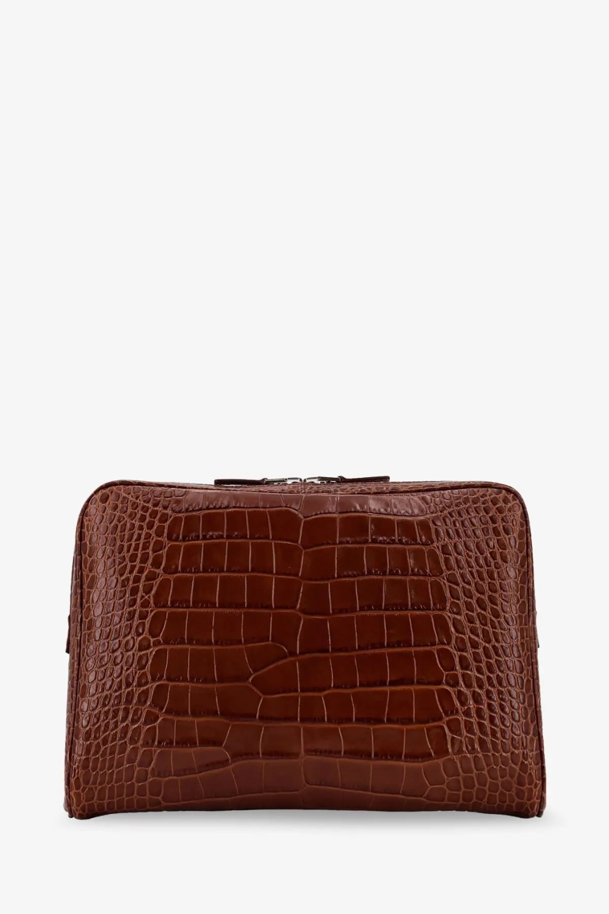 Tom Ford men’s croco print leather laptop pouch beige with brown crocodile-embossed leather and top zipper closure