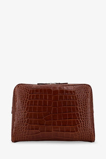 Tom Ford men’s croco print leather laptop pouch beige with brown crocodile-embossed leather and top zipper closure