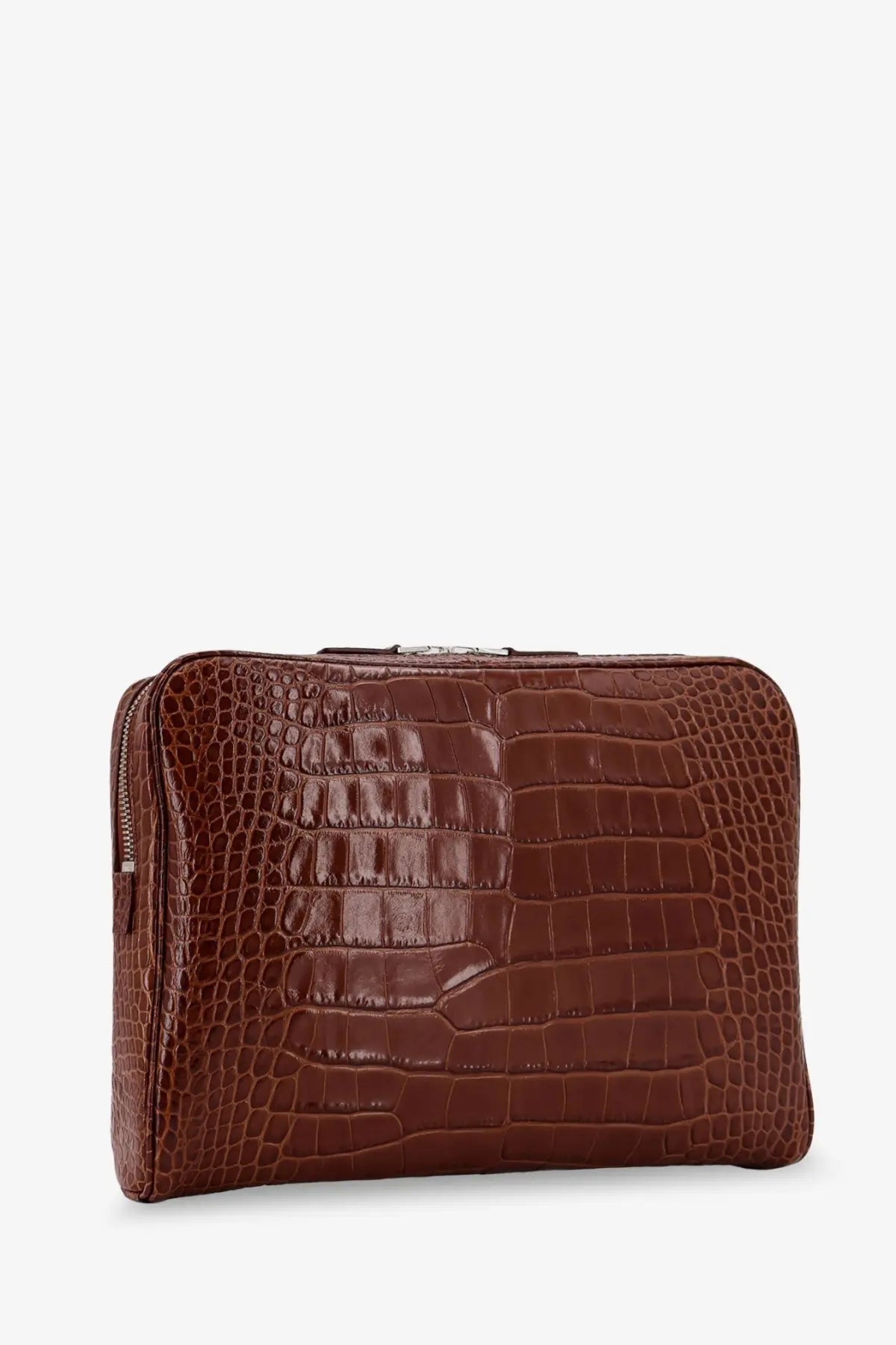 Tom Ford men’s croco print leather laptop pouch beige brown crocodile-embossed leather with zipper closure
