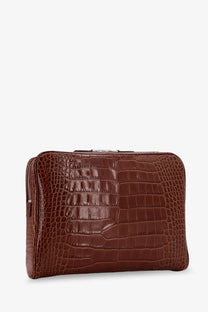 Tom Ford men’s croco print leather laptop pouch beige brown crocodile-embossed leather with zipper closure