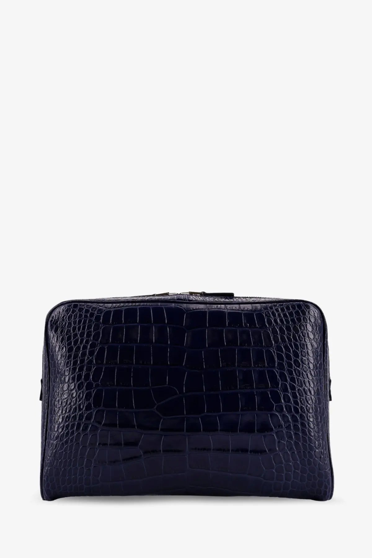 Tom Ford men’s blue croco print leather laptop pouch with deep navy crocodile-embossed toiletry bag design and metallic zipper closure