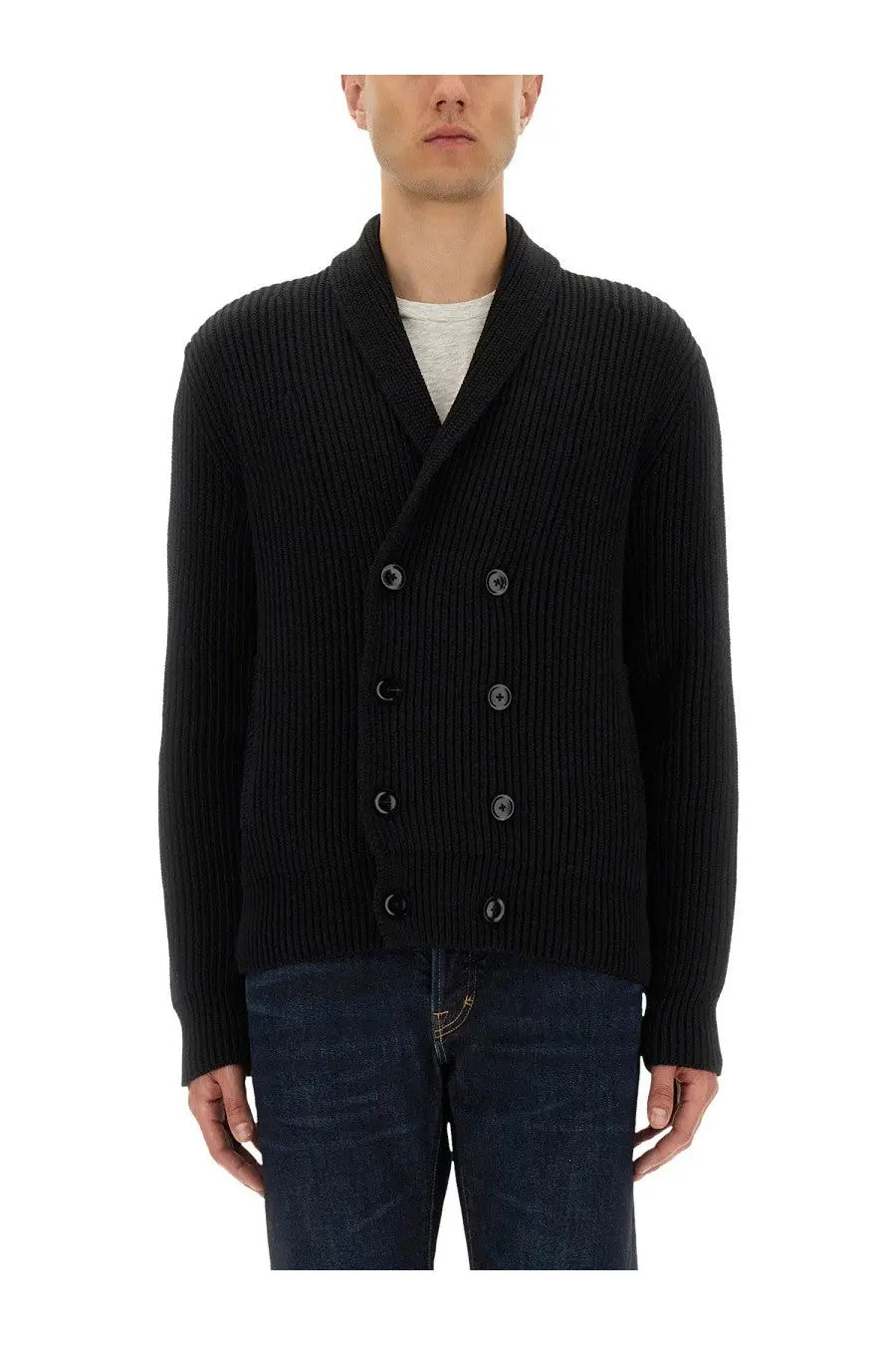 Tom ford men’s black ribbed knit double breasted cardigan with dark buttons for stylish layering